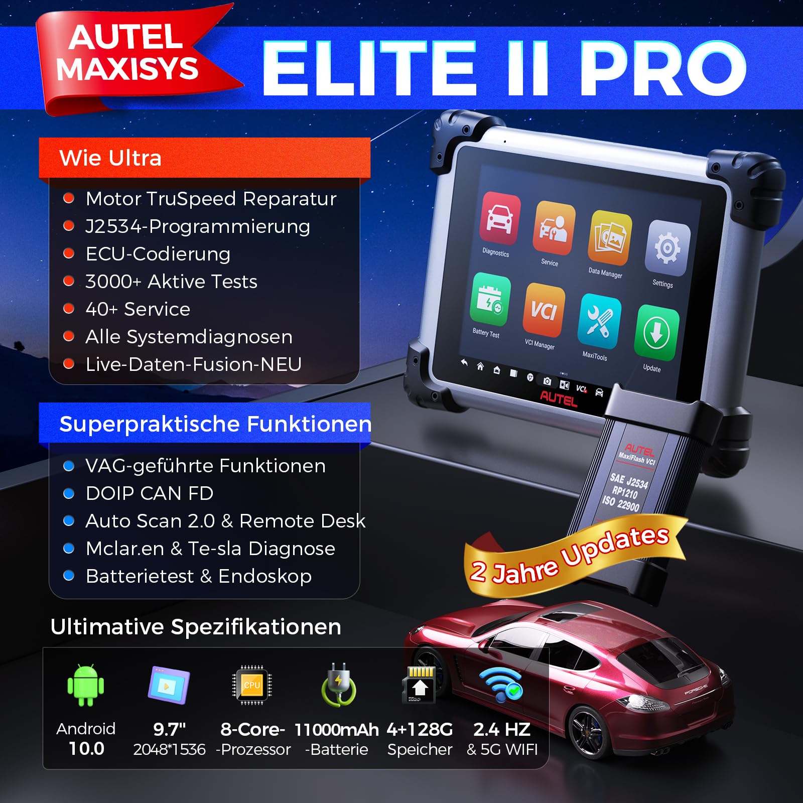 Autel MaxiSYS Elite II PRO OBD2 Diagnosegerät: 2 Jahre Update[€2590] KFZ Diagnosegerät Auto, J2534 ECU Programmierung & Codierung, Upgraded MS908S Pro II MK908P, 40+ Dienst, 3K+ Aktive Tests, FCA SGW