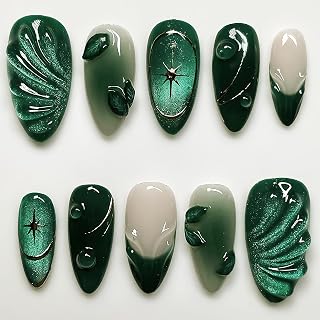 24Pcs Dark Green Press on Nails Medium Almond Fake Nails 3D Relief Leaf Water Drops Design Acrylic Nails French Tips Glue on Nails Silver Star Ombre Full Cover False Nails for Women Manicure Salon