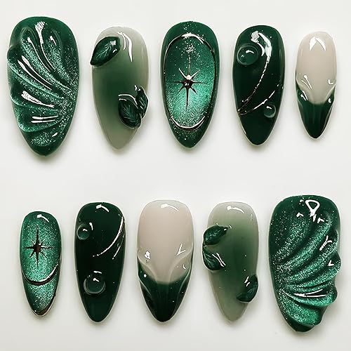 24Pcs Dark Green Press on Nails Medium Almond Fake Nails