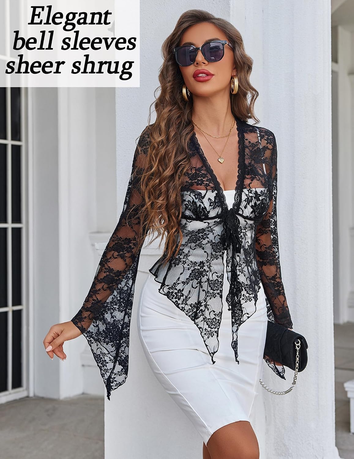 Avidlove Women Lace Sheer Shrugs Tie Front Short Cardigan Sexy Y2k Top | Long Sleeve Bolero for Evening Dressy, Dress Cover Up Formal, Bell Sleeve Lace Tops, Elegant Shawl
