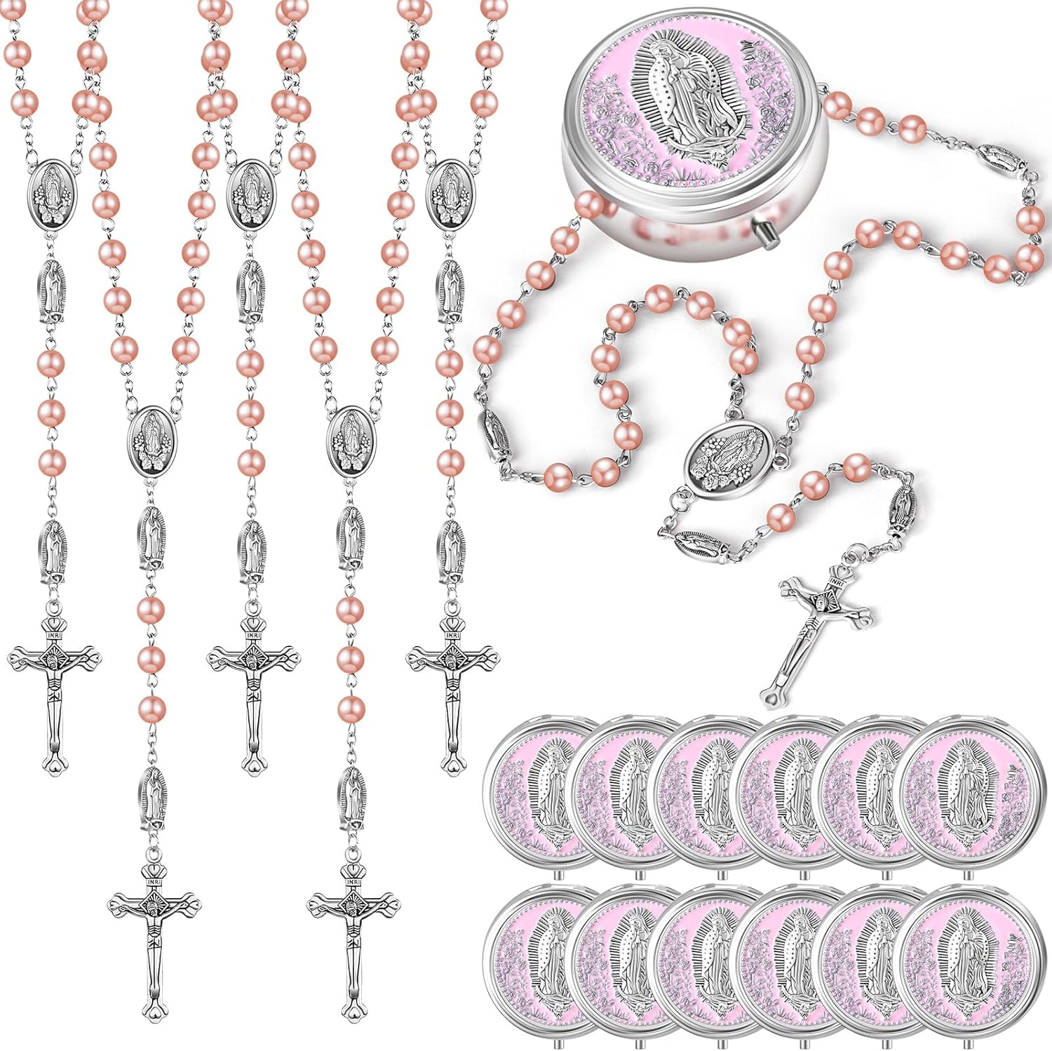 Jadive Catholic Rosary Necklace 6mm Glass Pearl Beaded Necklace with Metal Gift Box for Women Men Prayer Gift