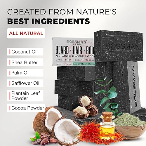 Vista 21 de Bossman Barra de jabón de carbón 4 en 1 (4 onzas), jabón en barra para hombres, solución de lavado de barba totalmente natural, champú, gel de baño