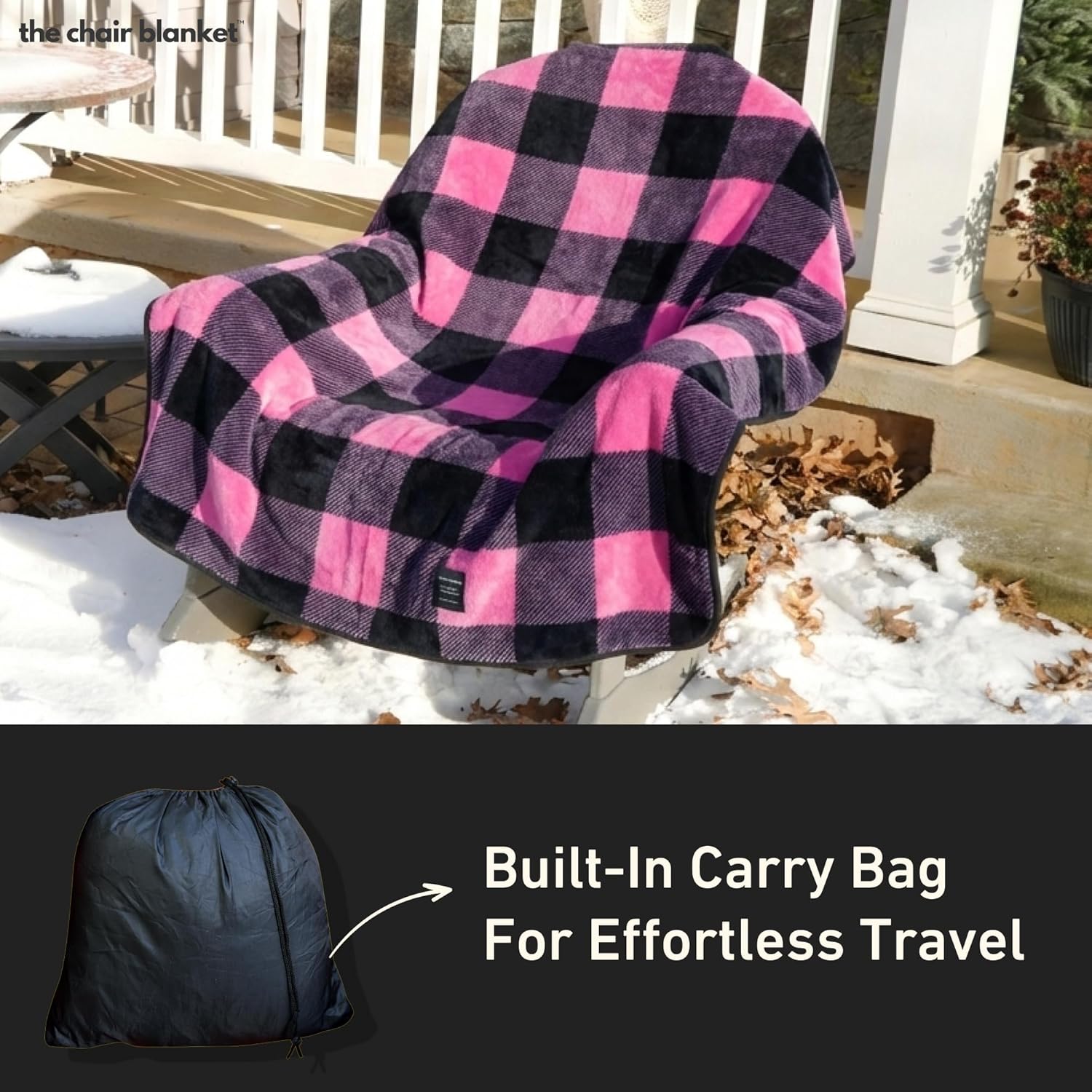 CITYBONFIRES The Chair Blanket™ Reversible Waterproof with Polar Fleece Lining – Portable Outdoor Cover for Camping, Sports & Patio – Folds into Carry Pouch with Strap - Pink Plaid - Image 5