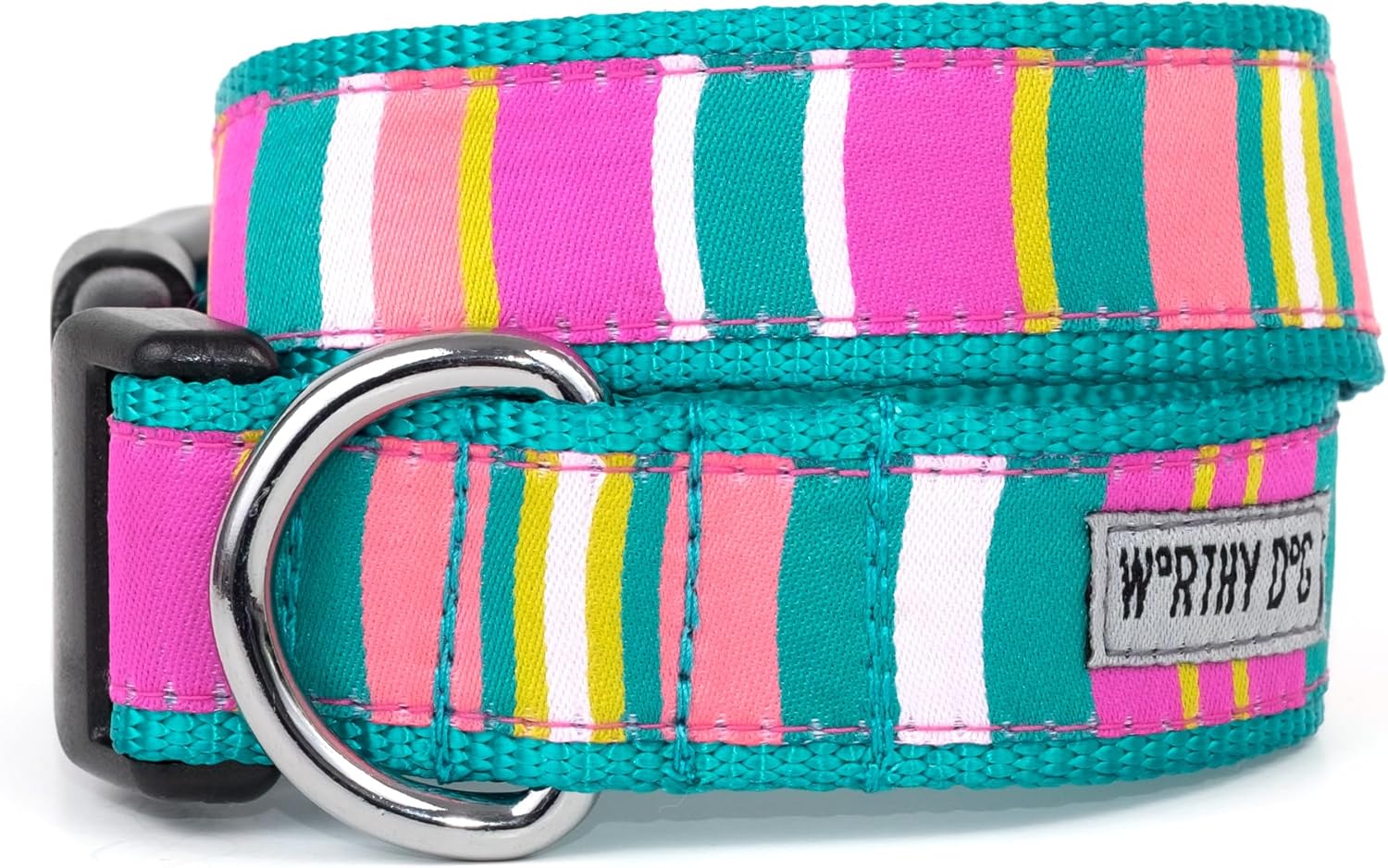 THE WORTHY DOG Spring Holiday Fiesta Stripe Dog Collar – Durable Nylon, Woven Ribbon, Quick-Release Buckle, Nickel D-Ring – Teal, Large