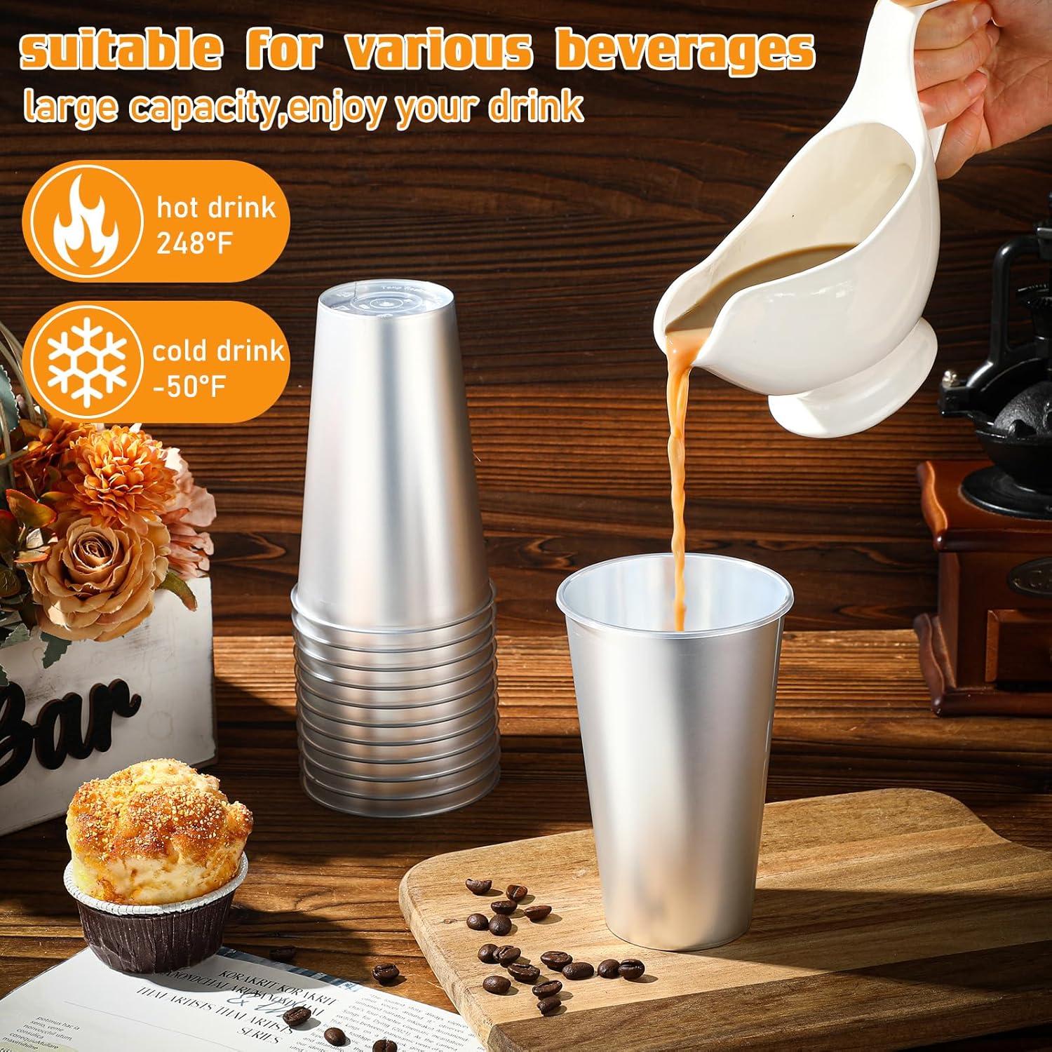 100 Pack 16 oz Disposable Plastic Cups Aluminum Party Tumbler Stackable Plastic Drinking Cups for Hot Cold Drinks Coffee Cocktail Beverage for Wedding Birthday Graduation Picnic(Silver) - Image 3