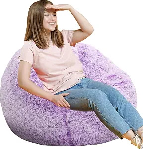 Fluffy Bean Bag Chair, 3FT Round Memory Foam Filled Bean Bag for Teens & Kids, Lavender