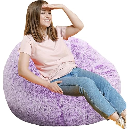 Fluffy Bean Bag Chair, 3FT Round Memory Foam Filled Bean Bag for Teens & Kids, Ultra Soft Faux Fur Fabric Bean Bag Chairs for Playroom, Living Room, Bedroom, Lavender