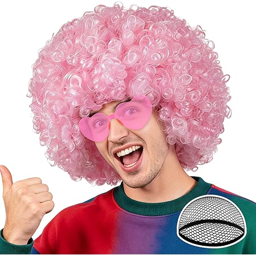 PLULON Pink Afro Wig with Heart Sunglasses for Women Men, Colored Short Fluffy Curly Funny Party Afro Wigs 70s 80s Disco Hair for Disco Birthday Bachelor Halloween Party Cosplay Costume