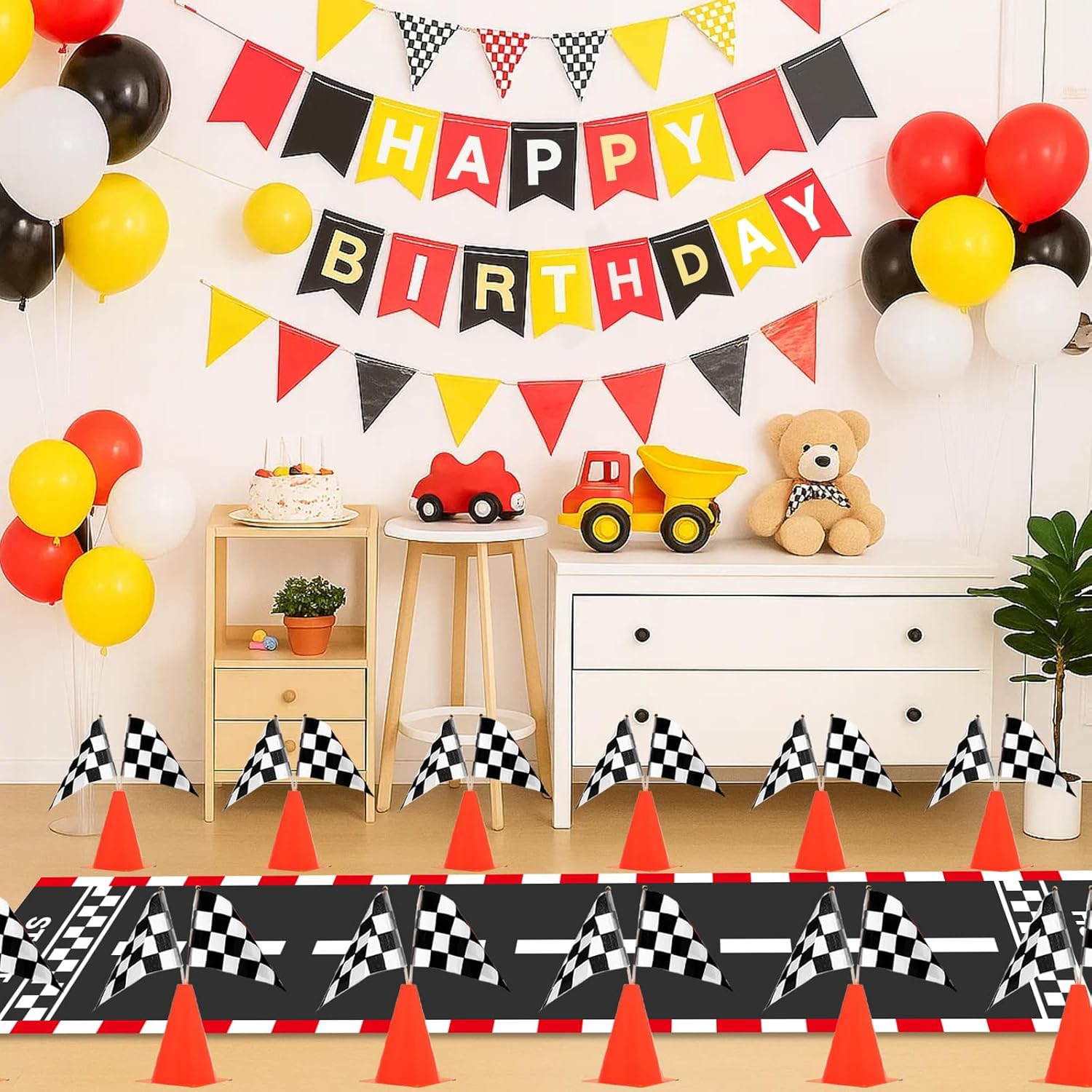 Patimate Race Car Birthday Party Decorations, 70 pcs Traffic Cones With Hole, Checkered Flags, Racetrack Floor Runner and Black Red Yellow Balloons for Car Themed First Birthday Party Supplies