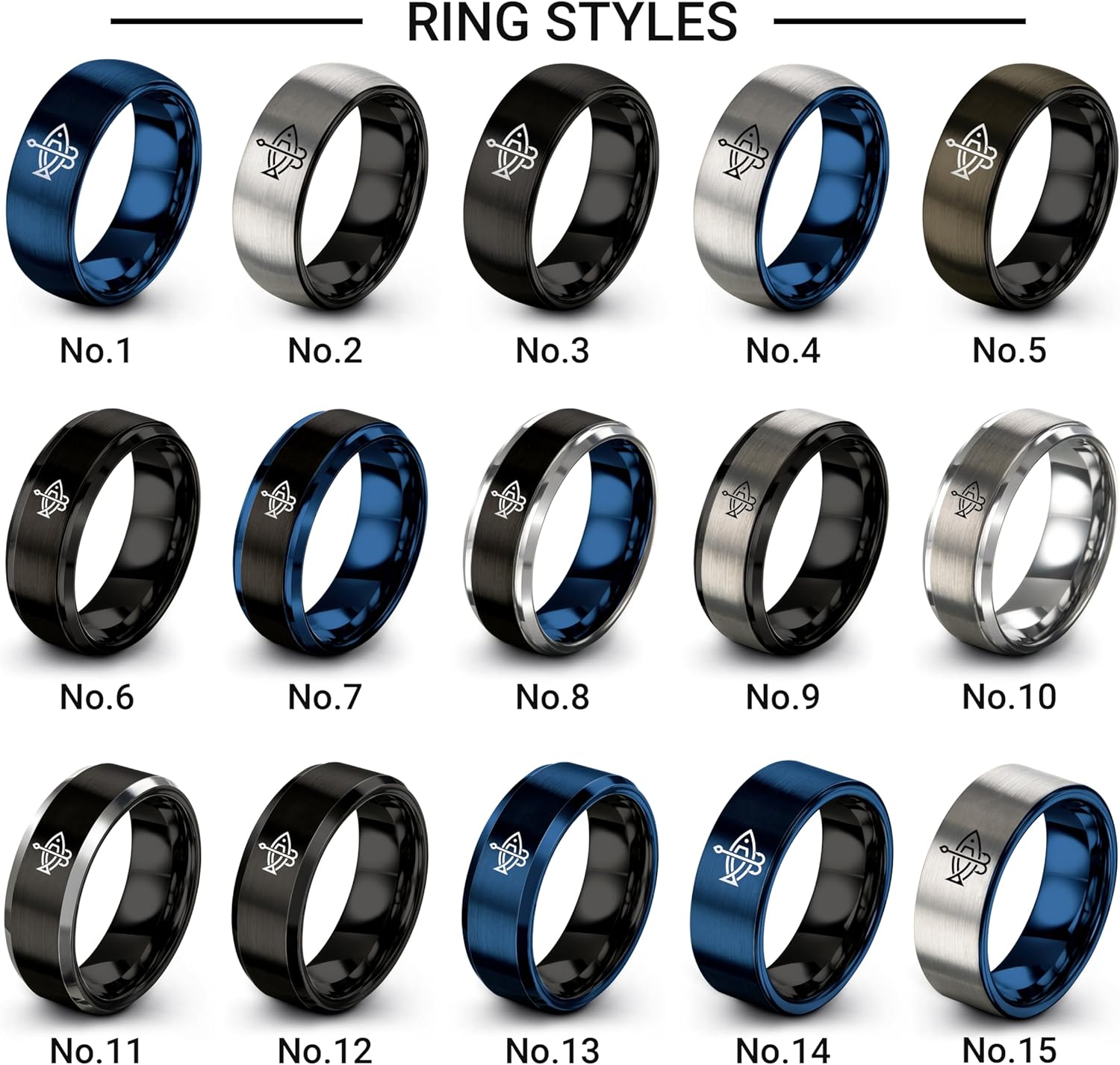 Gift for Fishing Fan - Fishing Hook Ring - Flat Dome Bevel - Gunmetal Black Silver Blue - Band - Personalized Custom Engraving - Anniversary Wedding - 8mm - Tungsten - Brushed Polished - Men Women