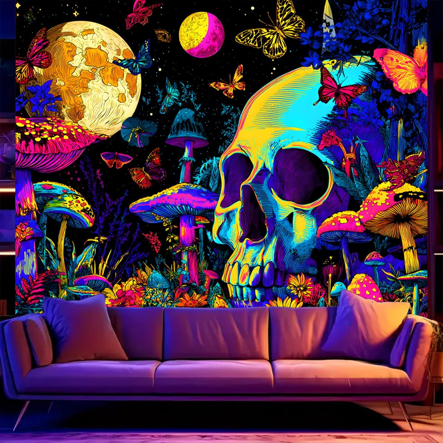 BSFHH Black Light Tapestry – UV Reactive Glow in the Dark Wall Hanging, Spooky Night Scene with Ghosts & Pumpkins, Haunting Home Decor for Parties, Bedroom, or Dorm (skull 3, 90L x 70W, Unframed)