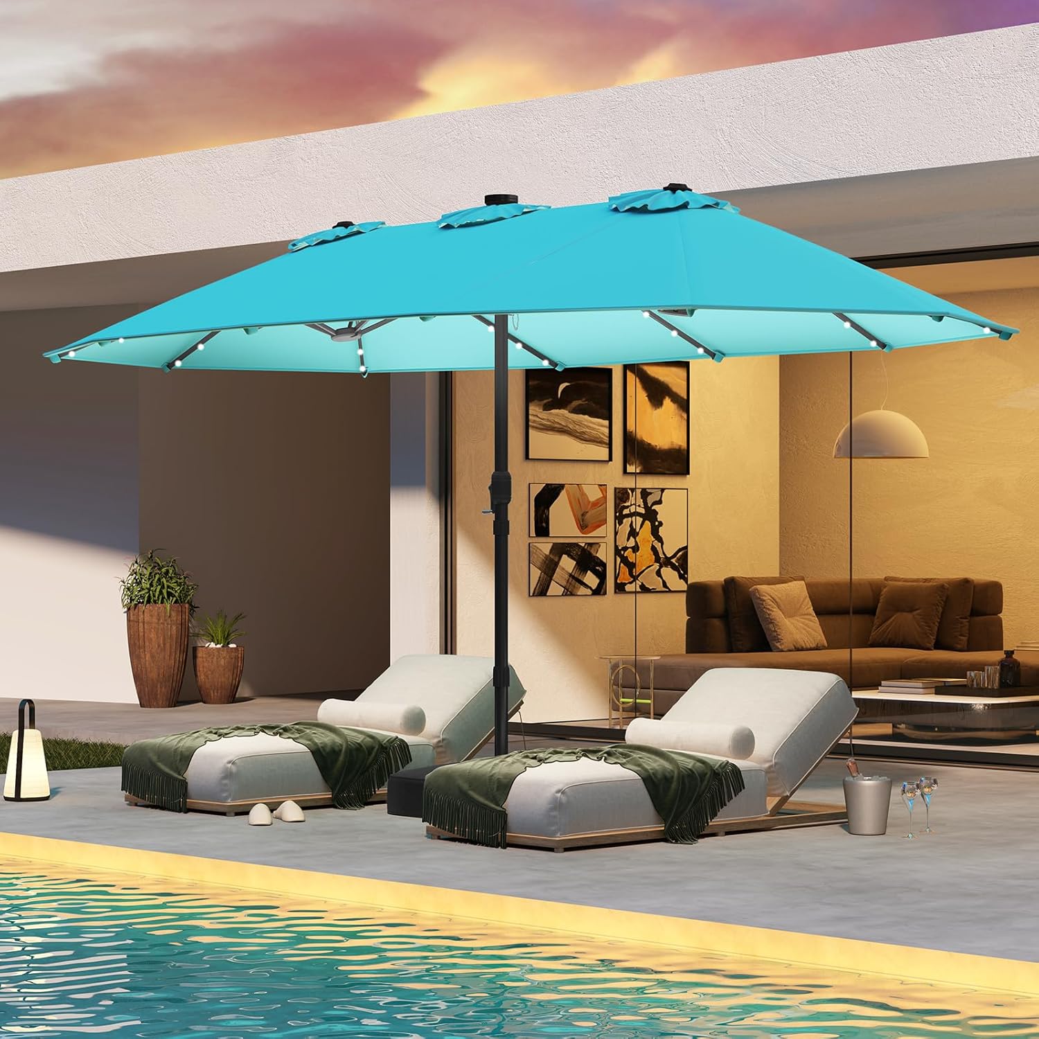 Tangkula 15FT Double-Sided Solar Patio Umbrella, Extra-Large Outdoor Twin Umbrella with 48 LED Lights, Vented Top, Crank Handle, 12 Ribs, Weighted Base Included for Backyard Poolside Deck (Turquoise)