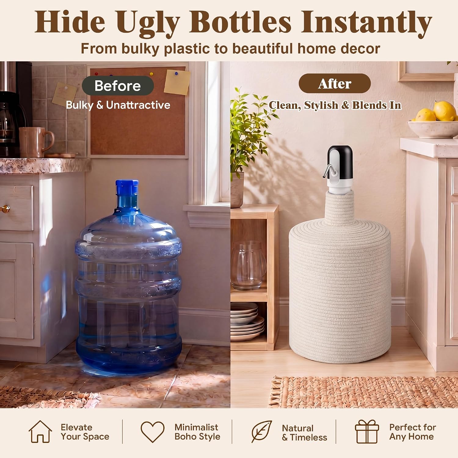 5 Gallon Water Jug Cover. Woven Jute Water Jug Cover Compatible with USB Electric Waters Pump Bottle Holder, Dispenser Stand, Well Pump Cover Decorative(Pumps NOT Provided)(Neutral White) image 2