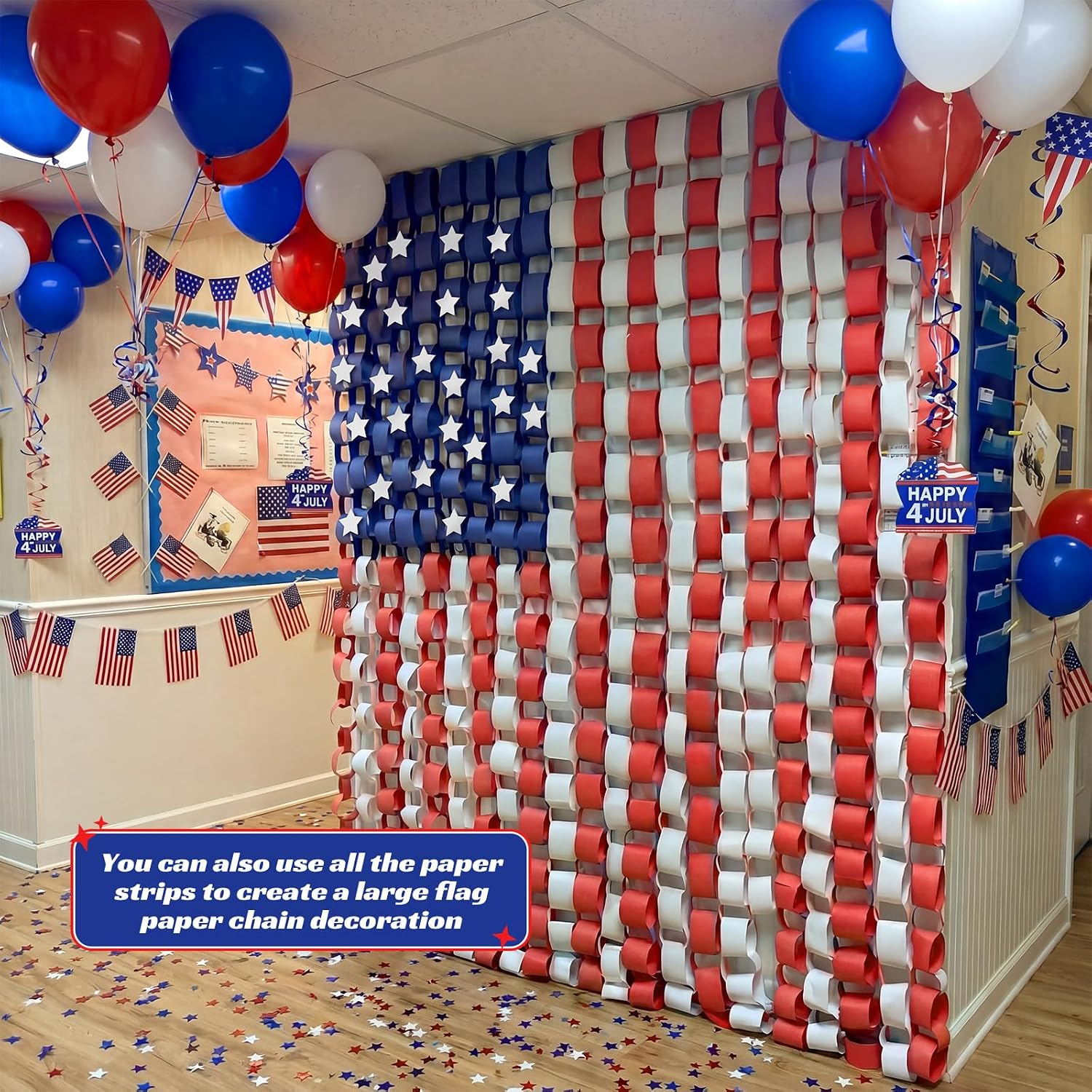 4th of July Paper Chain, 600 Sheets Red White Blue Paper Strip with 25 Pcs Patriotic Star American Flag Decoration for DIY Crafting 250th Anniversary Celebration Independence Day Memorial Day Party