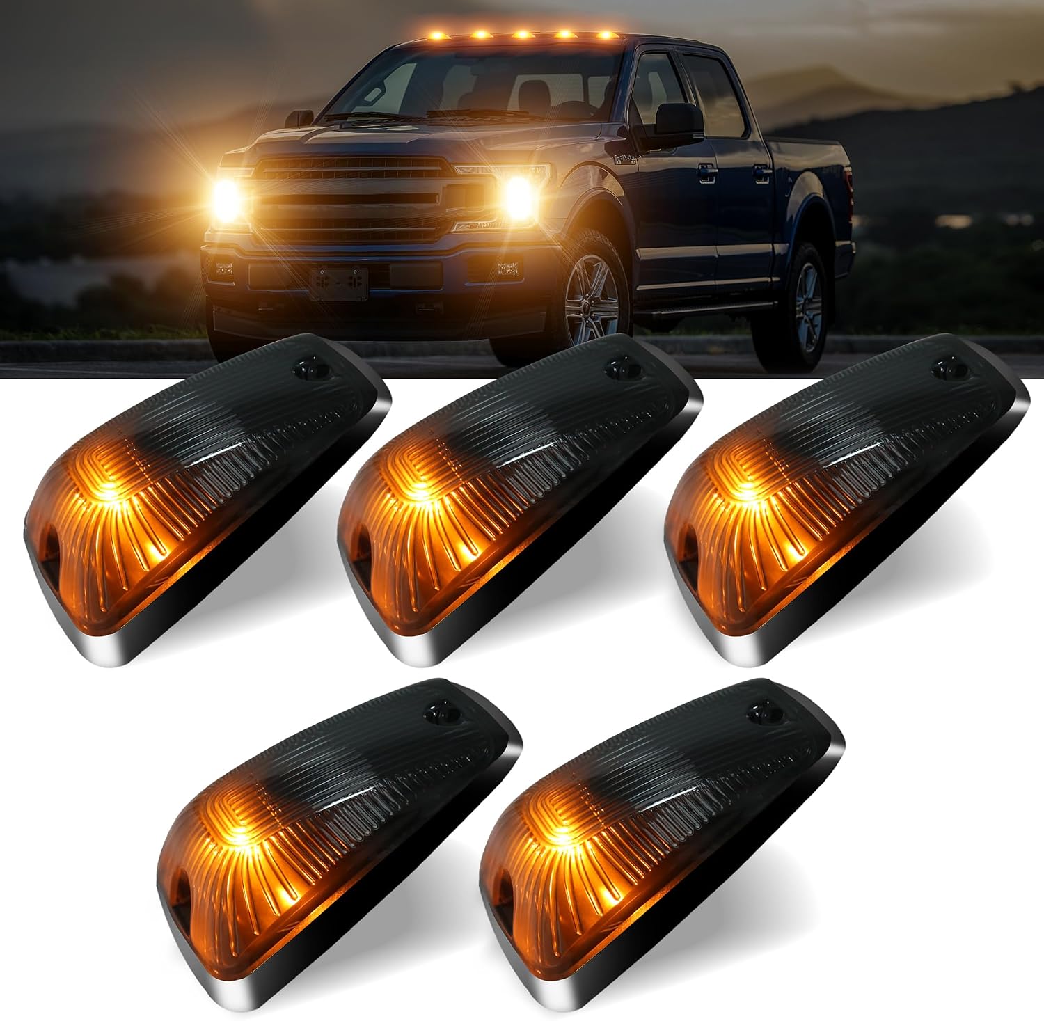 Roof Cab Marker Lights, Top Clearance Running Lights 12V, Roof Running Lights Cab Lights for Ford F250, F450, F550 1999-2016 Super Duty Pickup-Smoked Lens+ Amber LED