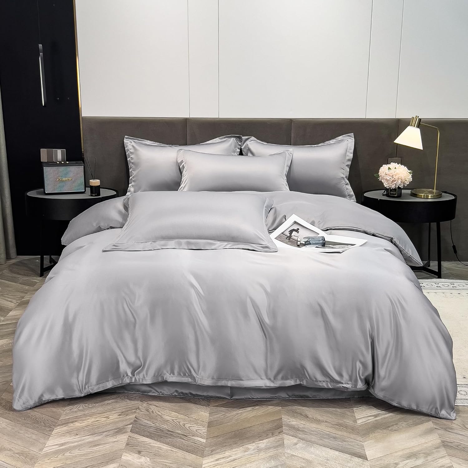 duvet cover king size - 3 piece silky soft bedding set with zipper closure & corner ties, ultra breathable comforter cover set (dark gray, king) dark gray king(104"x90")