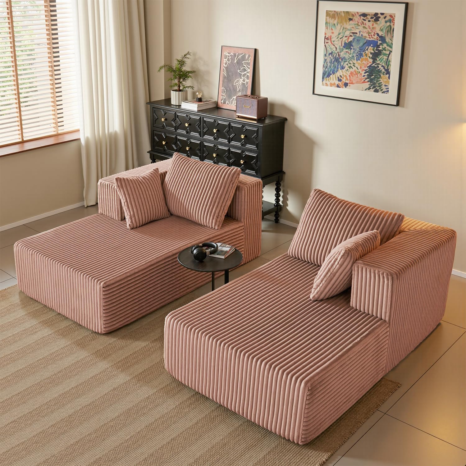 YINIX 82" Oversized Chaise Lounge Chair Indoor, Corduroy Upholstered Boneless Sofa Bed, Deep Seat Sleeper Couch Reading Chairs for Living Room, No Assembly Required, Cherry Blossom Pink