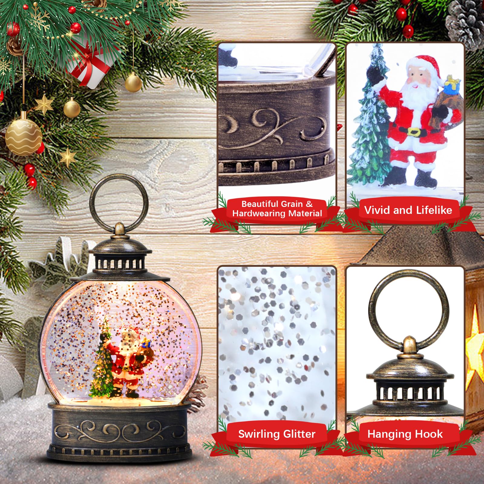 Lanterne De Noël Musicale Boule à Neige - Effet Paillettes Et Père Noël - Lumière Douce - Alimentation USB Ou Piles - Décoration Festive - 10