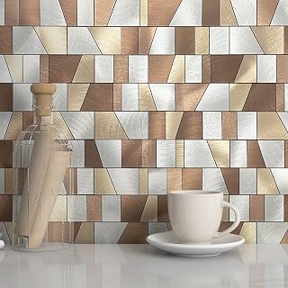 VAOVI Peel and Stick Backsplash,Kitchen Peel and Stick Mosaic Self Adhesive Metal Wall Tiles Brown-10pcs