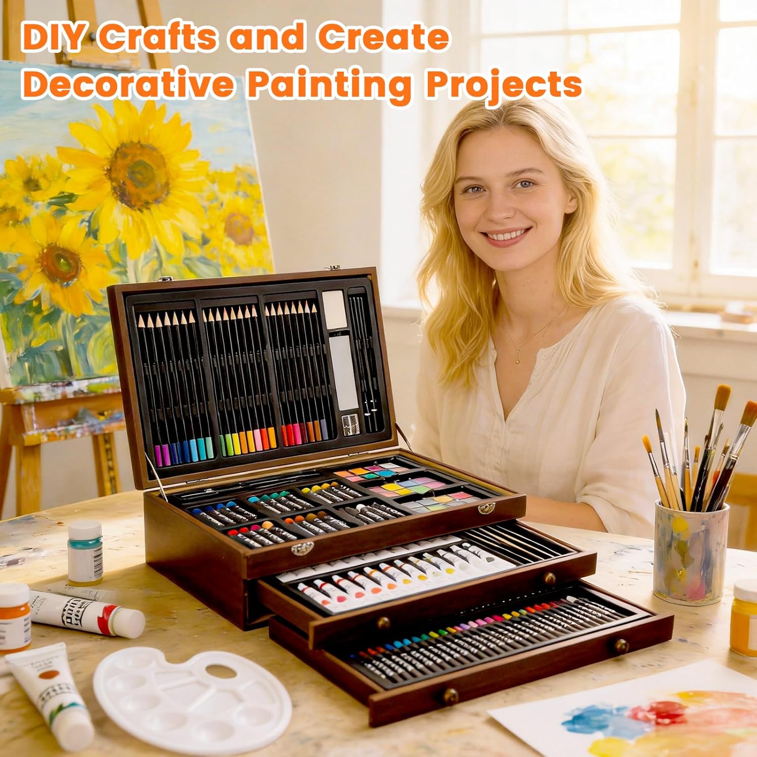 Unmasalu 188 Piece Deluxe Art Set, Comprising Sketchbooks, Acrylic Paints, Crayons, Oil Pastels,Watercolour Cakes,Coloured Pencils Set, Art Kit Gift Box for Adults, Artists (Brown)