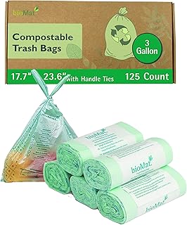 bioMat 3 Gallon Compostable Food Scrap Bags with Handle Ties, 125 Count, Compost Bags for Kitchen Compost Bins, BPI ASTM D6400 and CMA Certified Biodegradable Trash Bags