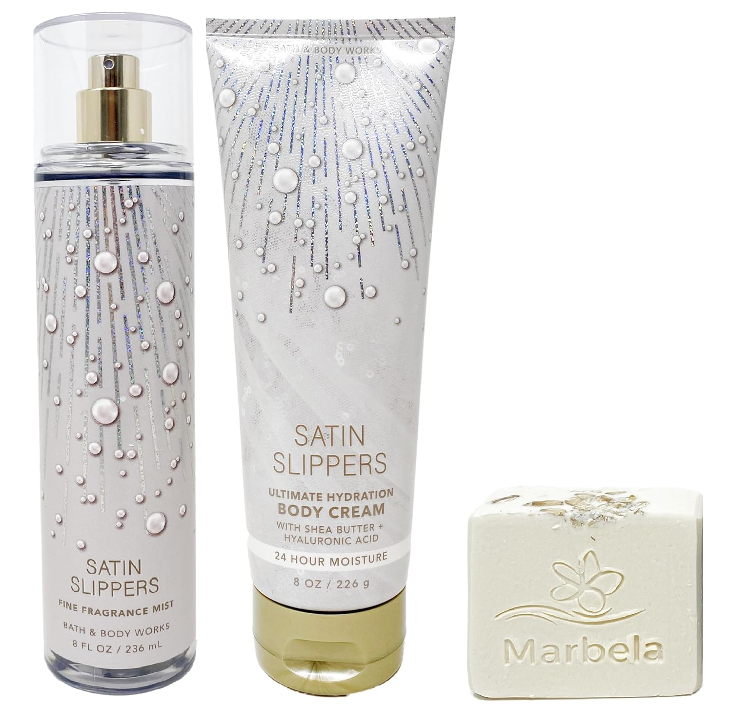 Bath & Body Works Satin Slippers - Duo Gift Set - Fine Fragrance Mist and Body Cream with a Natural Oats Soap., grey