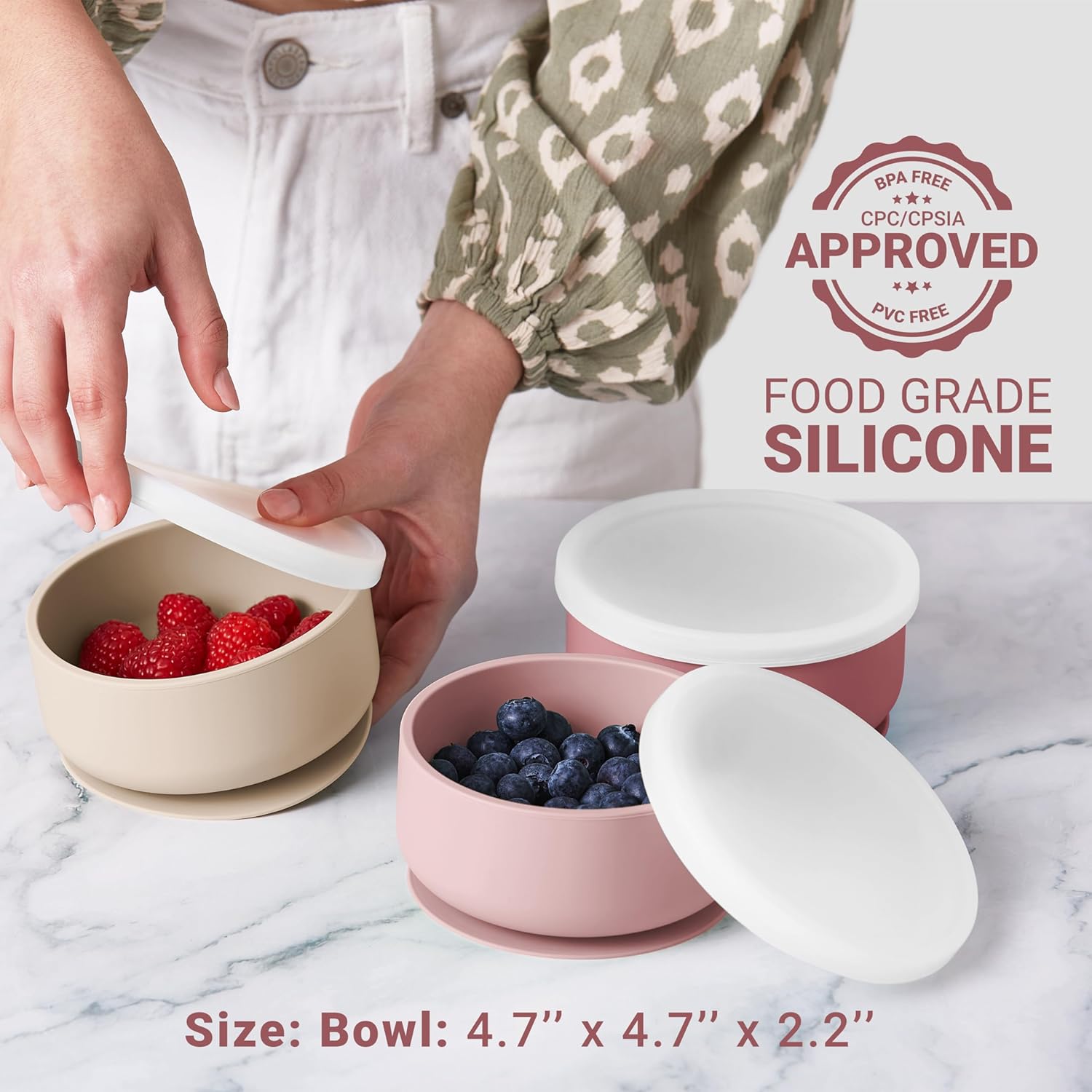 Navik | Silicone baby bowls with suction | toddler bowls | baby bowls with lids | pink and beige, Regular