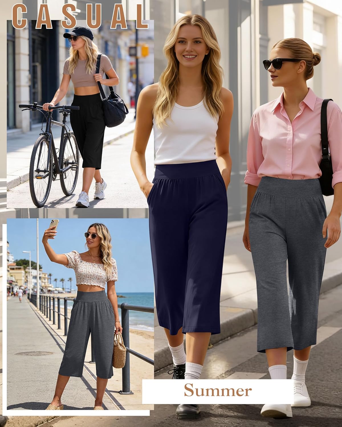 Neer 3 Pack Women Capri Pants, Wide Leg High Waist Crop Lounge Sweatpants Summer Casual Workout Pants with Pocket - Image 4