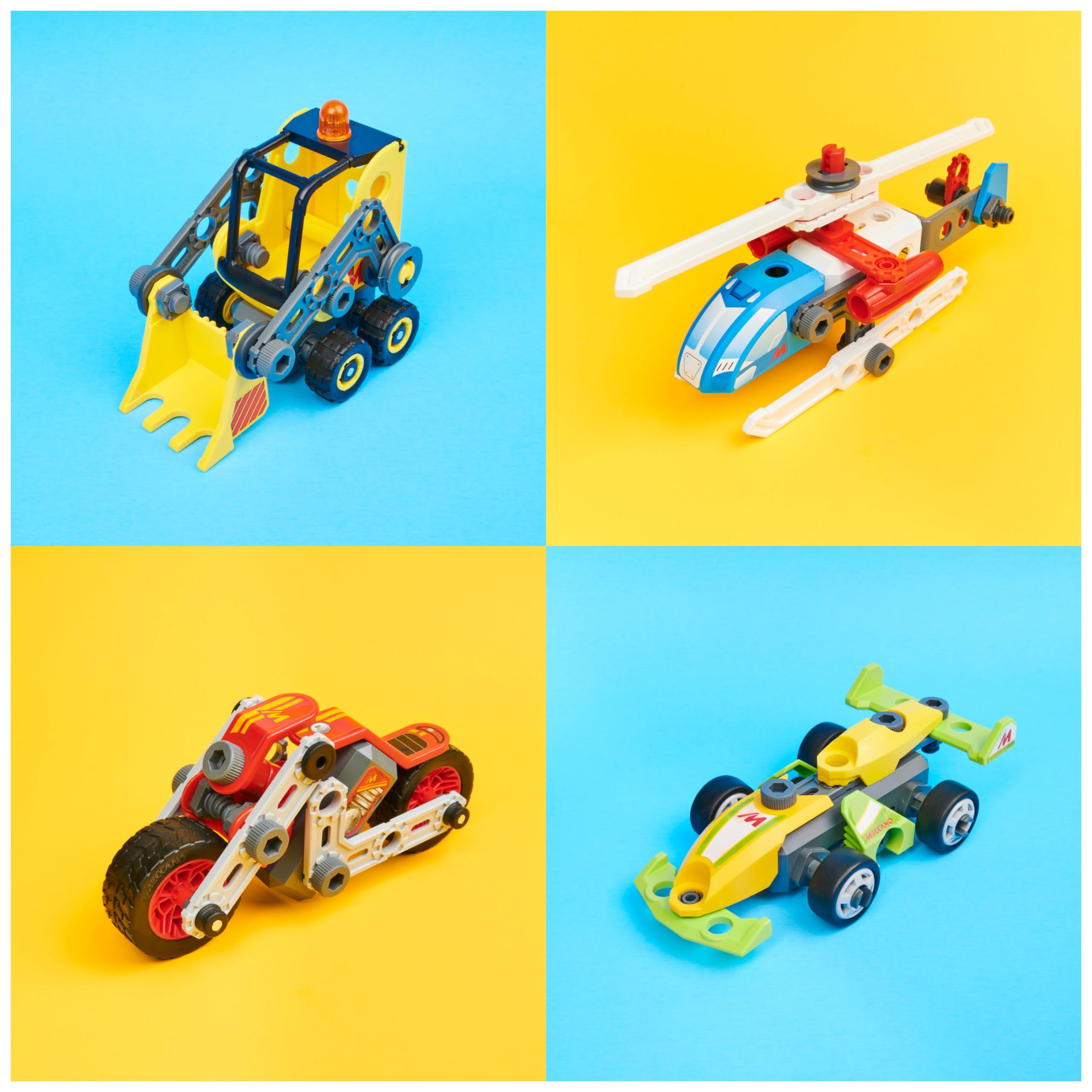 MECCANO - Mes PREMIÈRES CONSTRUCTIONS Junior - Voiture de Course, Moto, Hélicoptère ou Bulldozer - Jeu Construction avec 2 Outils - Modèle aléatoire - Jouet Enfant 5 Ans et +