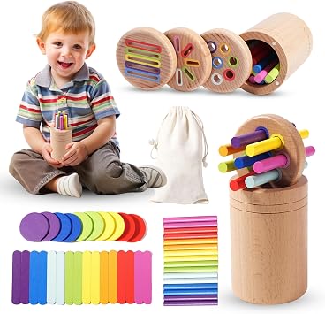 YAANI Rainbow Sorting Sticks, Wooden Sorting Stick Toy, Ages 6 Months - 3 Years, Includes Sorting Sticks