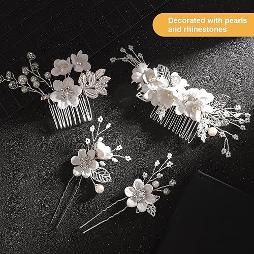 Miniatura 7 de FRIUSATE 4 pinzas para el pelo de boda, hechas a mano, pinzas para el pelo de novia, accesorios para el cabello nupcial, clip de perlas, hojas