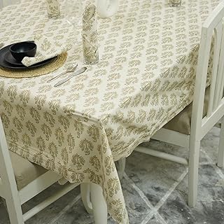 100% Cotton, White Yellow Rectangle Shape 70x108 Inch, 8 Seater Spring Table Top Cover Cloth Block Print Washable, for Kitchen, Dining Farmhouse, Housewarming Gift, Neelgagan
