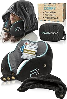 FLOWZOOM Comfy Nackenkissen Flugzeug & Auto mit Kapuze - Einstellbares Memory Foam Reisekissen mit Druckknöpfen für 360° Stütze, weicher Bezug - inkl. Transportbeutel - Schwarz