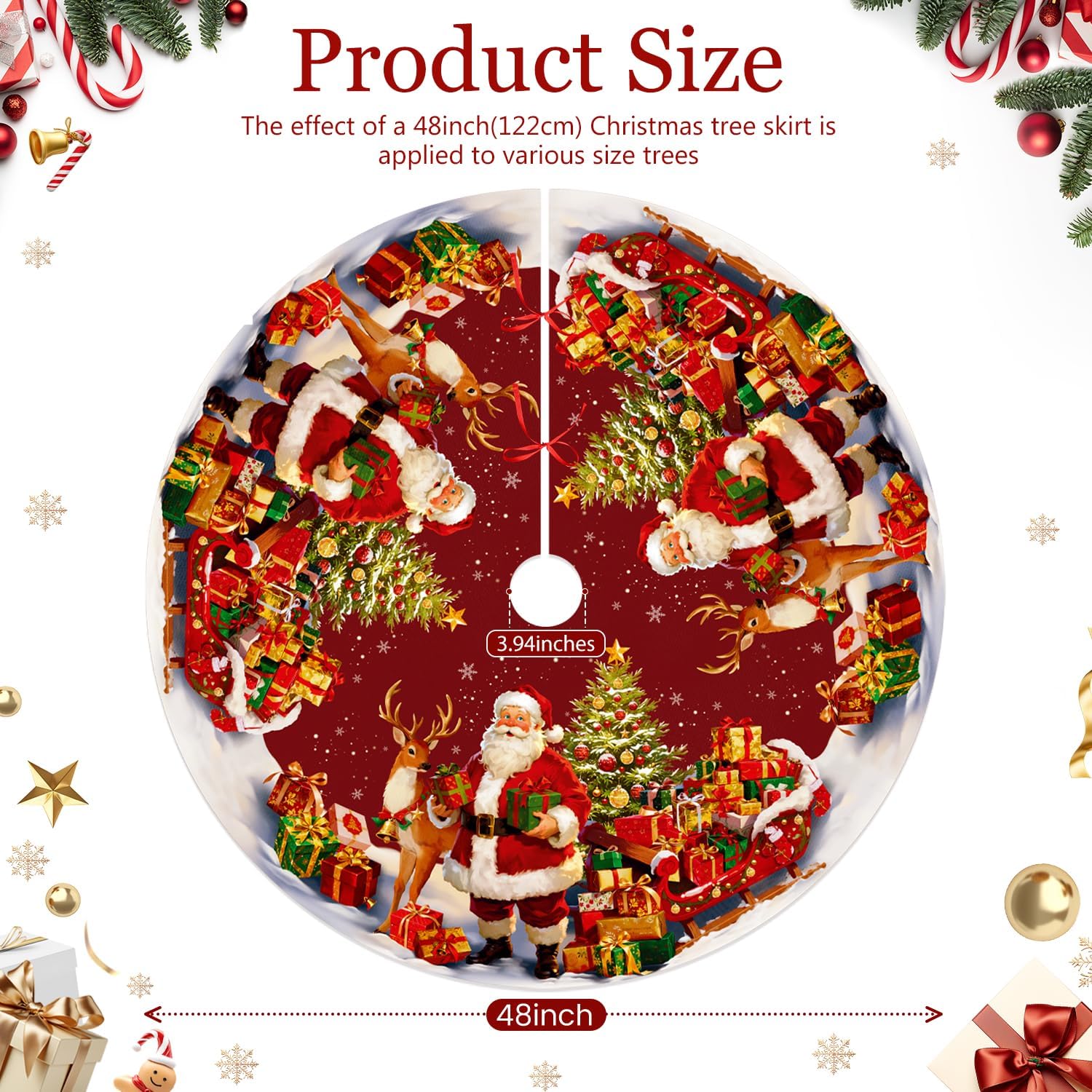 Christmas Tree Skirt 48 Inches Red Xmas Tree Mat Decor Retro Xmas Tree Skirt for New Year Holiday Ornaments Indoor Outdoor Decorations