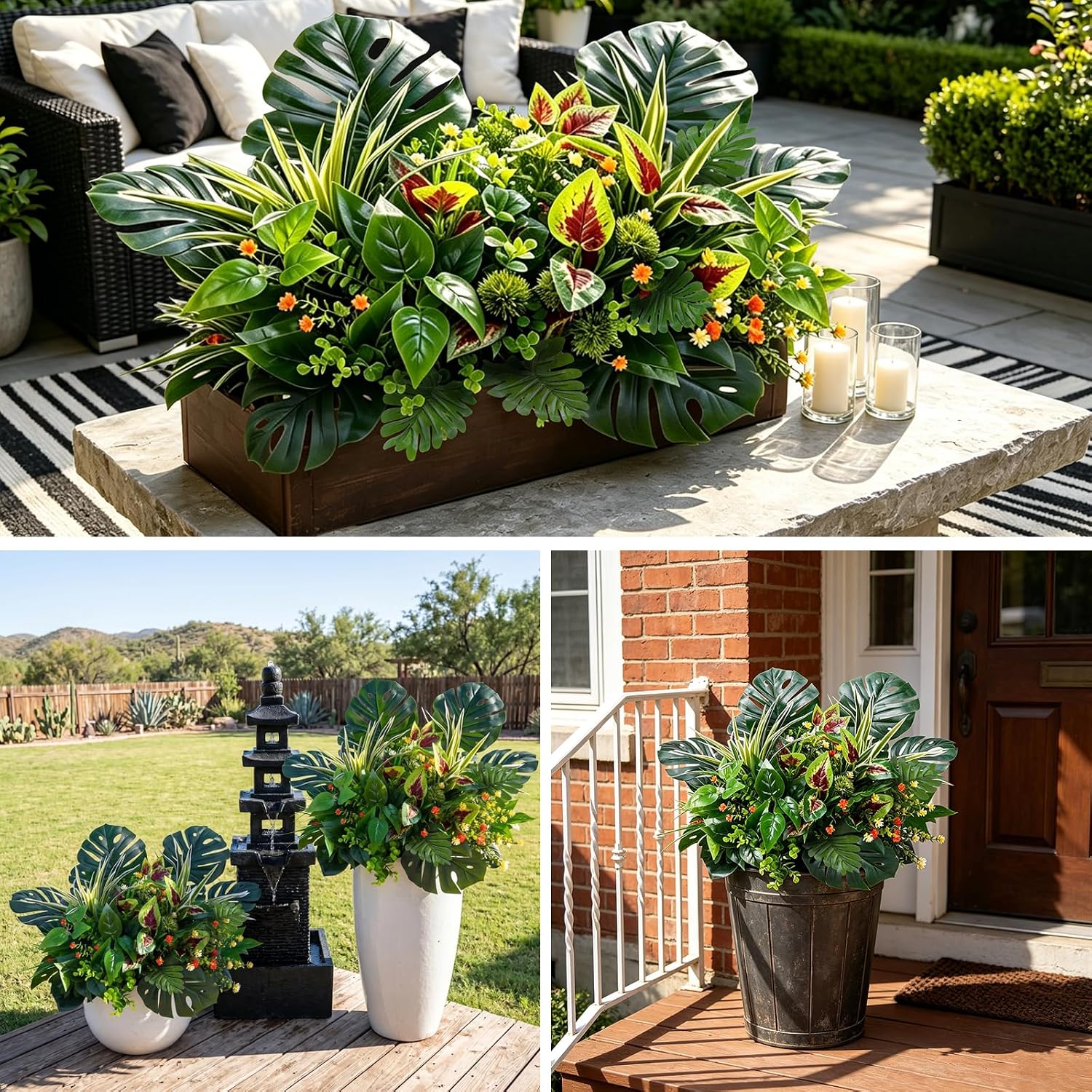 GTIDEA 20 Pcs Artificial Plants Outdoor UV Resistant Artificial Flowers Greenery Stems Tropical Monstera Leaves Faux Shrubs Plastic Plants for Garden Porch Planter Window Box Home Hawaiian Decor