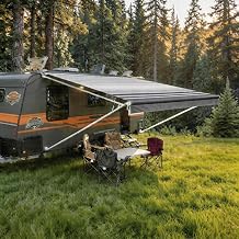 RV Awning Frame and Fabric Assemblies Full Set, Manual Modular RV Awning 8Ft Semi-Automated Retractable Awning Suitable for Most RVs White Frame-Black Stripe, 17' 16'2" Fabric
