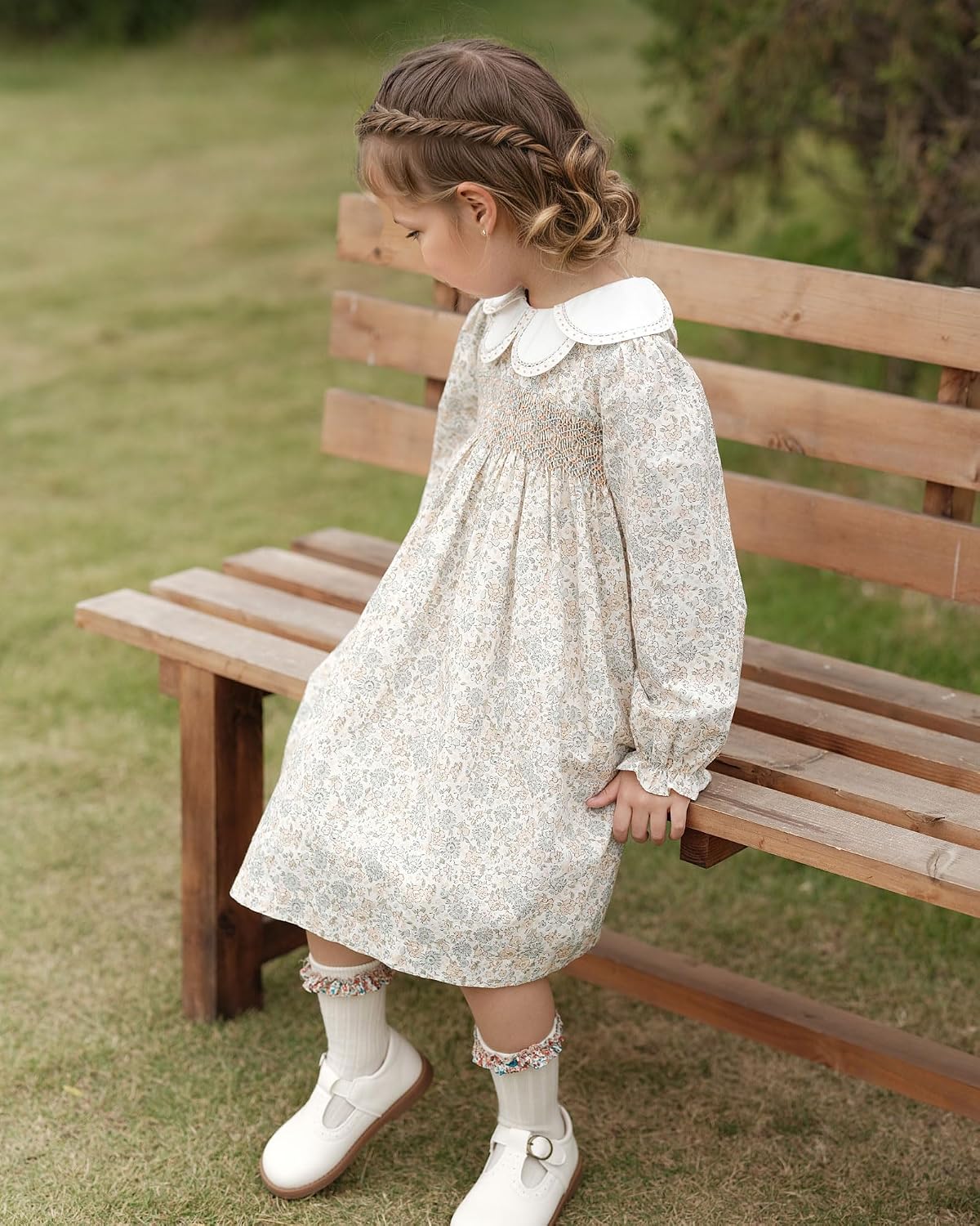 Twoflower Toddler Baby Girl Smocked Dresses with Flower Collar|Floral Print Long Sleeve Ruffle Dress with Belt
