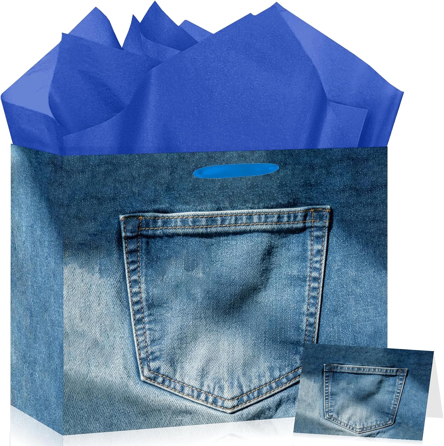 Hkshaoda Blue Jean Gift Bag Denim Gift Bag Realistic Jeans Pocket Wrapping Paper Bags with Tissue Paper Greeting Card Cowboy Birthday Decorations for Men Adults Boys Girls Cool Friends Party Favors