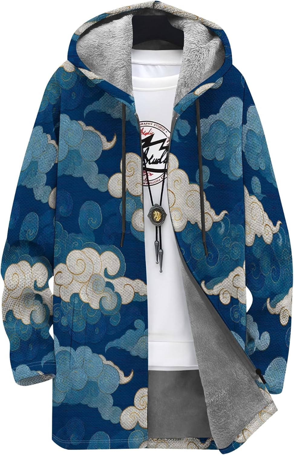 LIZALIG Japanese Art Print Coats for Men Zip Up Hooded Jackets Winter Oversized Ethnic Graphic Long Coat with Pockets