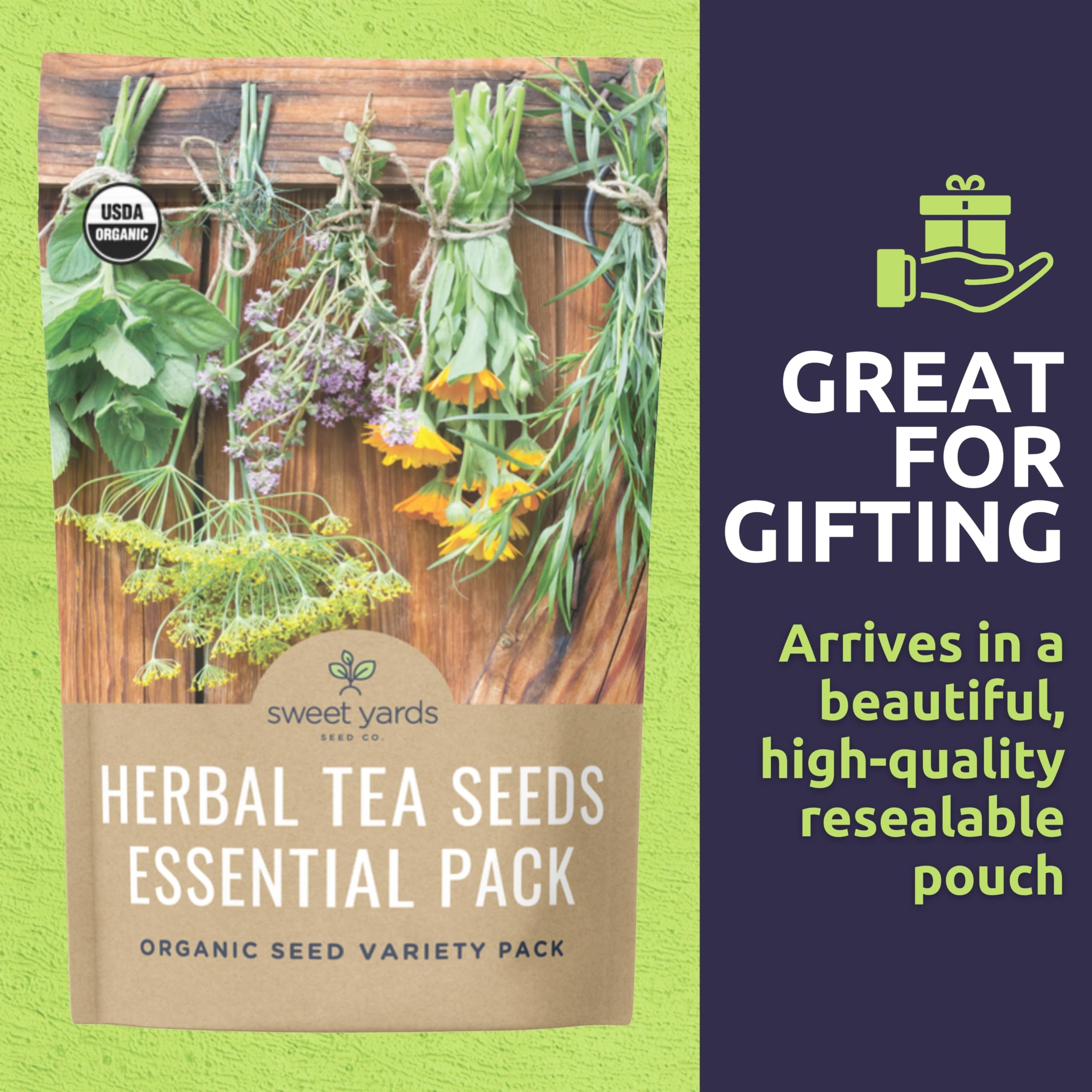 Paquete variado de semillas de té de hierbas orgánicas, 5 paquetes individuales, temporada 2025, menta, lavanda, caléndula, manzanilla y bálsamo de limón. para plantar en interiores y exteriores (sin 6