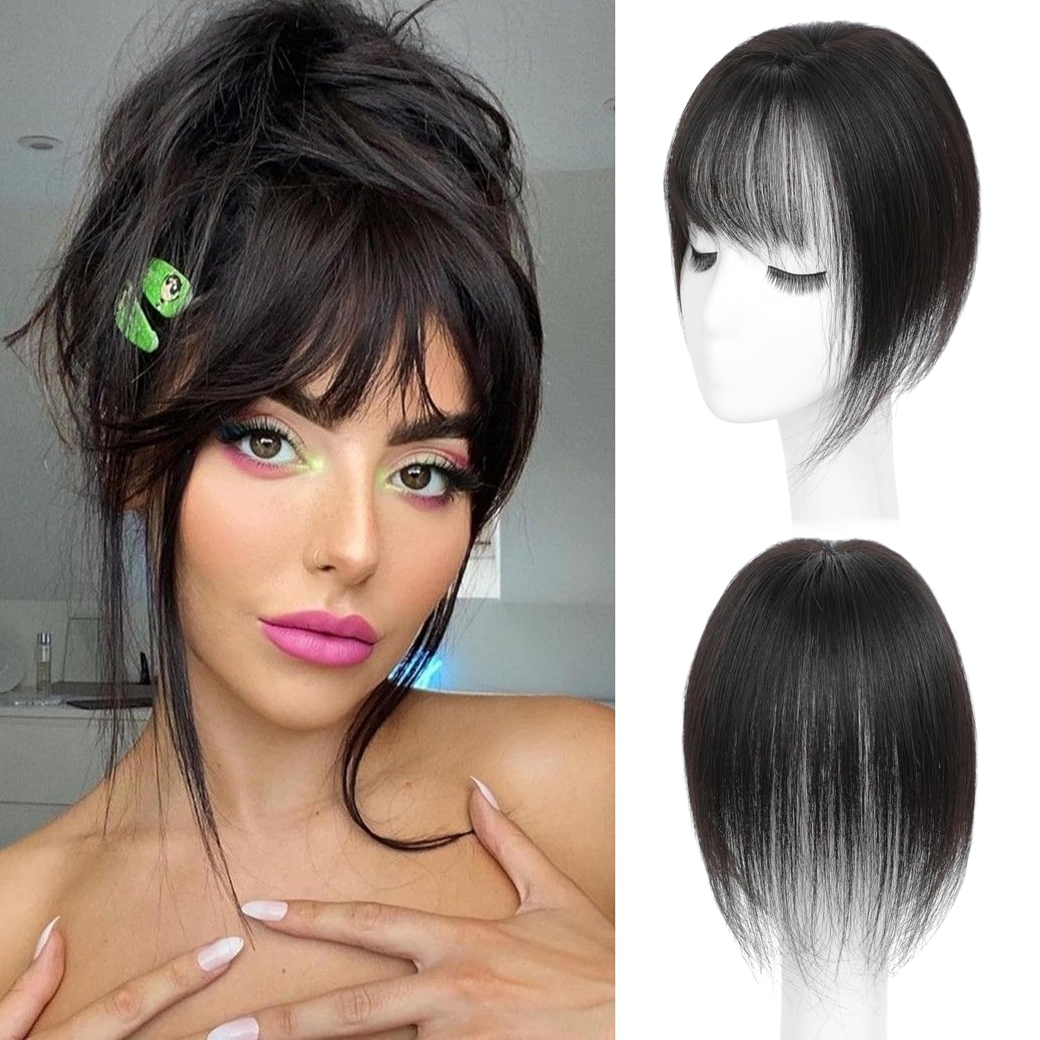 Hair Toppers for Women Real Human Hair-360°3D Topper with Bangs for Thinning Hair Clip in Bangs with Upgraded Silk Base Perfect for Daily Wear,5×10 Brown Black-1B