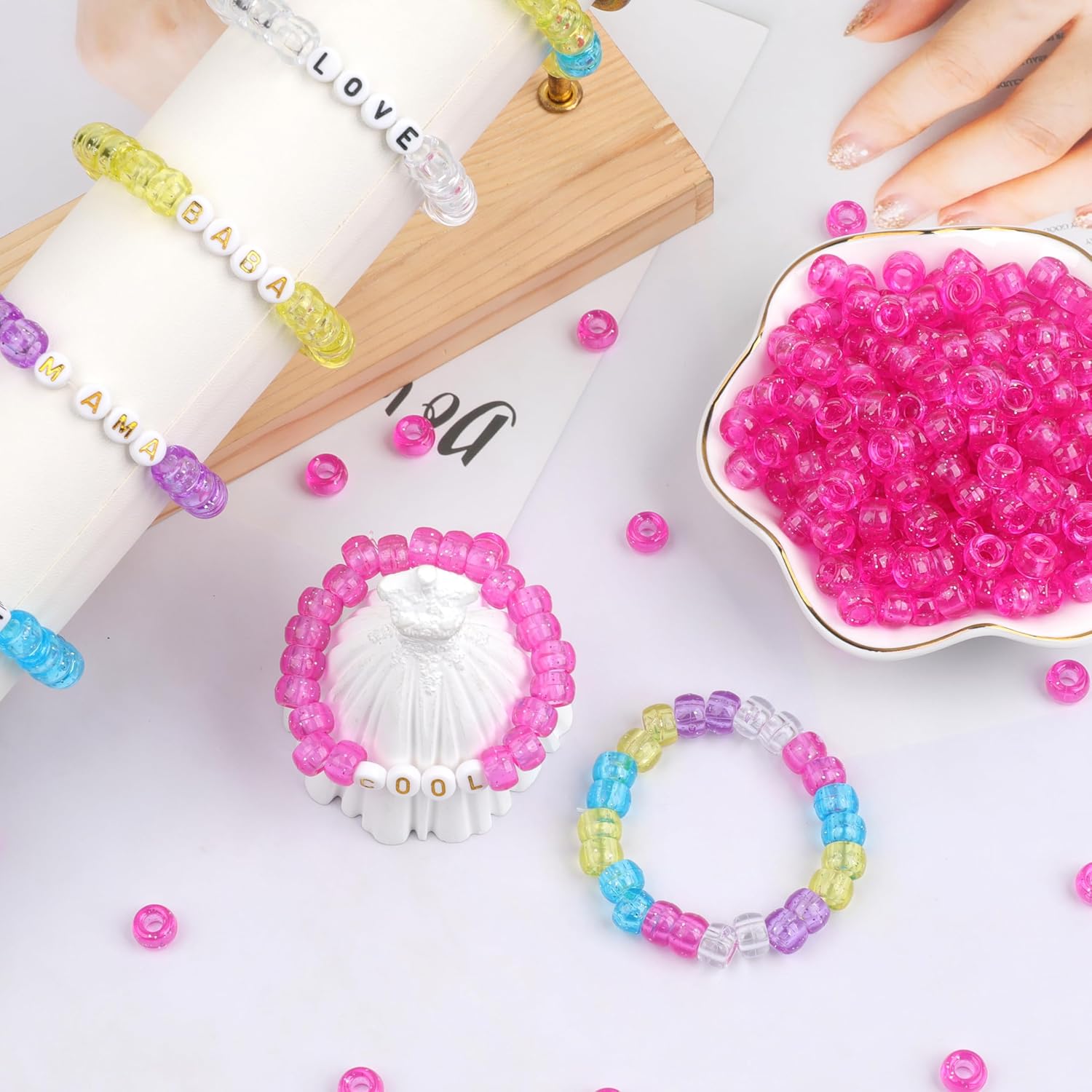 1000Pcs Pony Beads Bracelet 9mm Hot Pink Glitter Plastic Barrel Pony Beads for Necklace,Hair Beads for Braids,Key Chain,Jewelry Making (Hot Pink Glitter) - Image 5