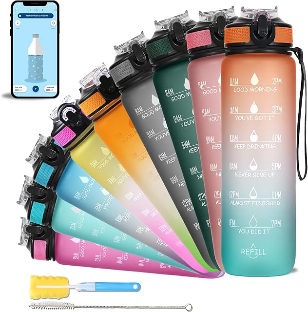 SOLARA Unbreakable 32oz Water Bottle with Motivational Time Marker, Sipper Bottle with straw, Water bottle for Gym Office| Mobile app with Drinking water reminder | Orange Teal