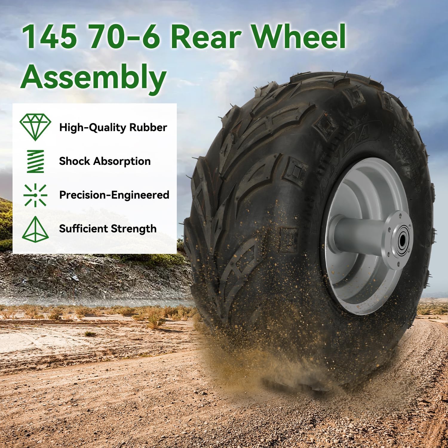 145/70-6 Mini Bike Rear Wheel with Sprocket Compatible with Coleman CT100U CC100X Baja DB30, 145 70 6 Tire with Rim for Motovox MBX10 MBX11 GMB100 Monster Mega Moto 80cc 105cc Minibike Parts