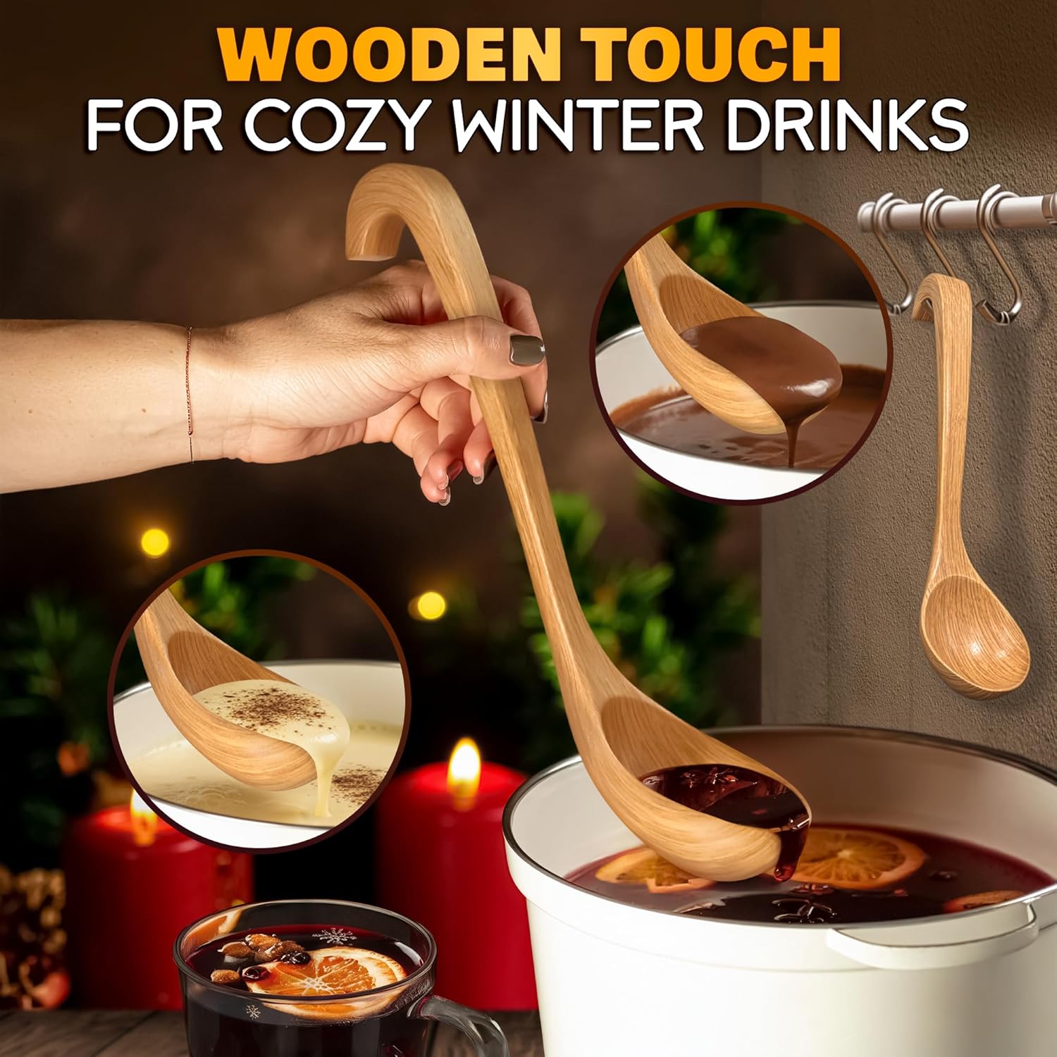 2 Pcs Wooden Ladle for Soup – 10.8×2.8" Bamboo Soup Ladle for Stews and Sauces with Deep 2.7 fl oz Capacity & Lacquer-Coated Finish – Wooden Cooking Spoons with Hook Handles for Kitchen & Catering - Image 5