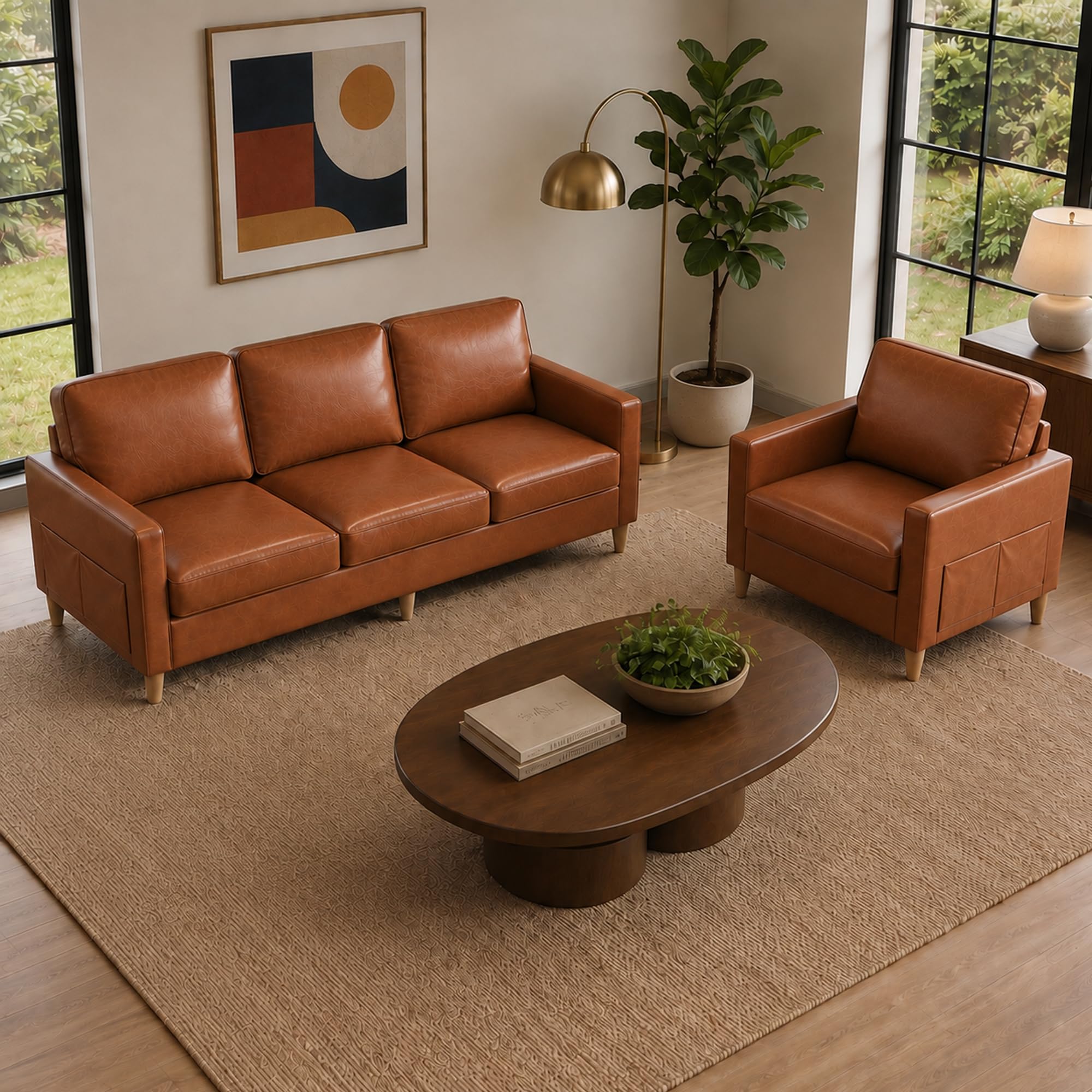 Kingfun Couch Set for Living Room, 3 Seater Faux Leather Sofa and Armchair