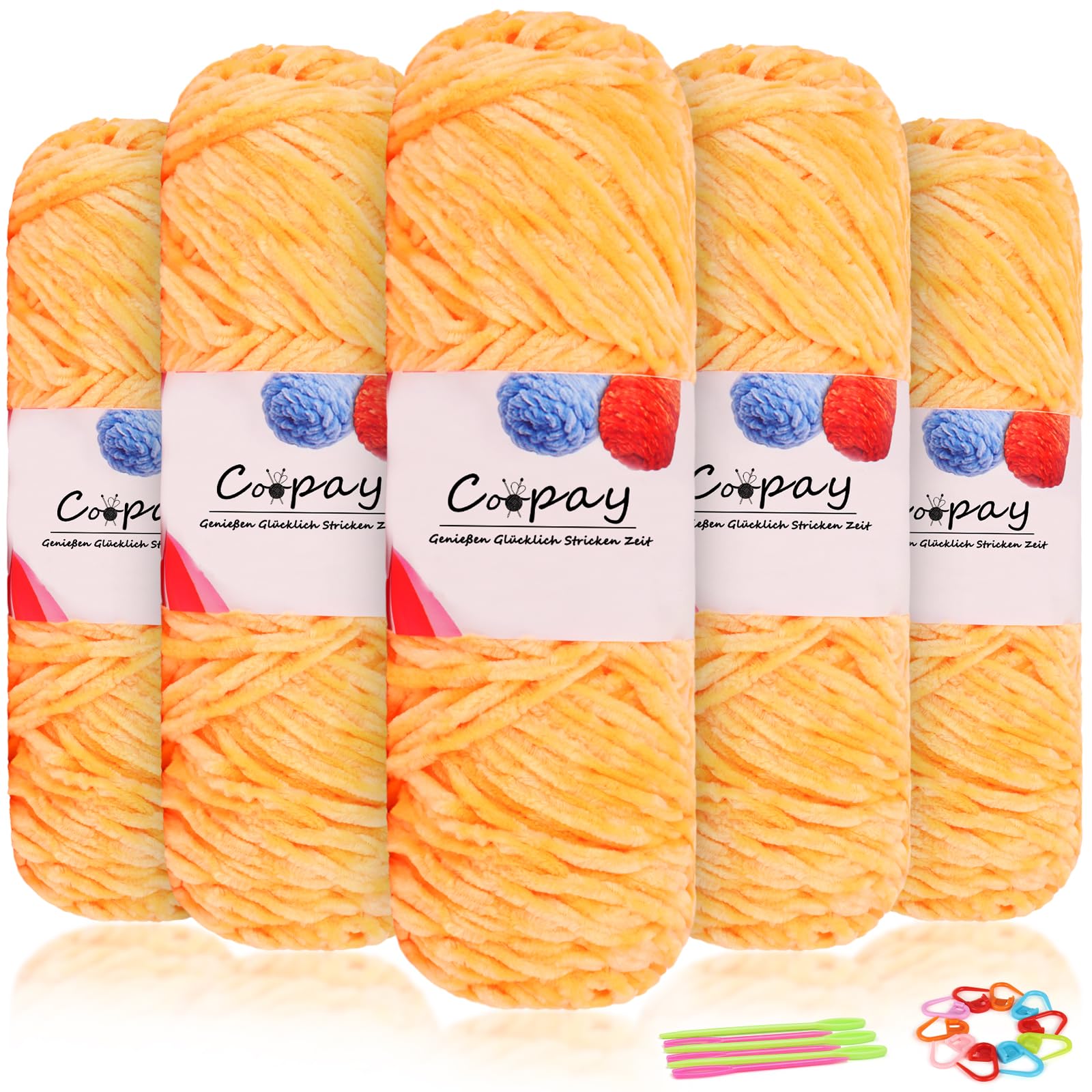Coopay Samt Chenille Wolle zum Häkeln, 500g (5x100g) Velvet Chenillegarn, Dicke Wolle zum Stricken, Flauschige Weiche Samtig Chenillewolle mit Häkelzubehör für Schals, Decken - Orange