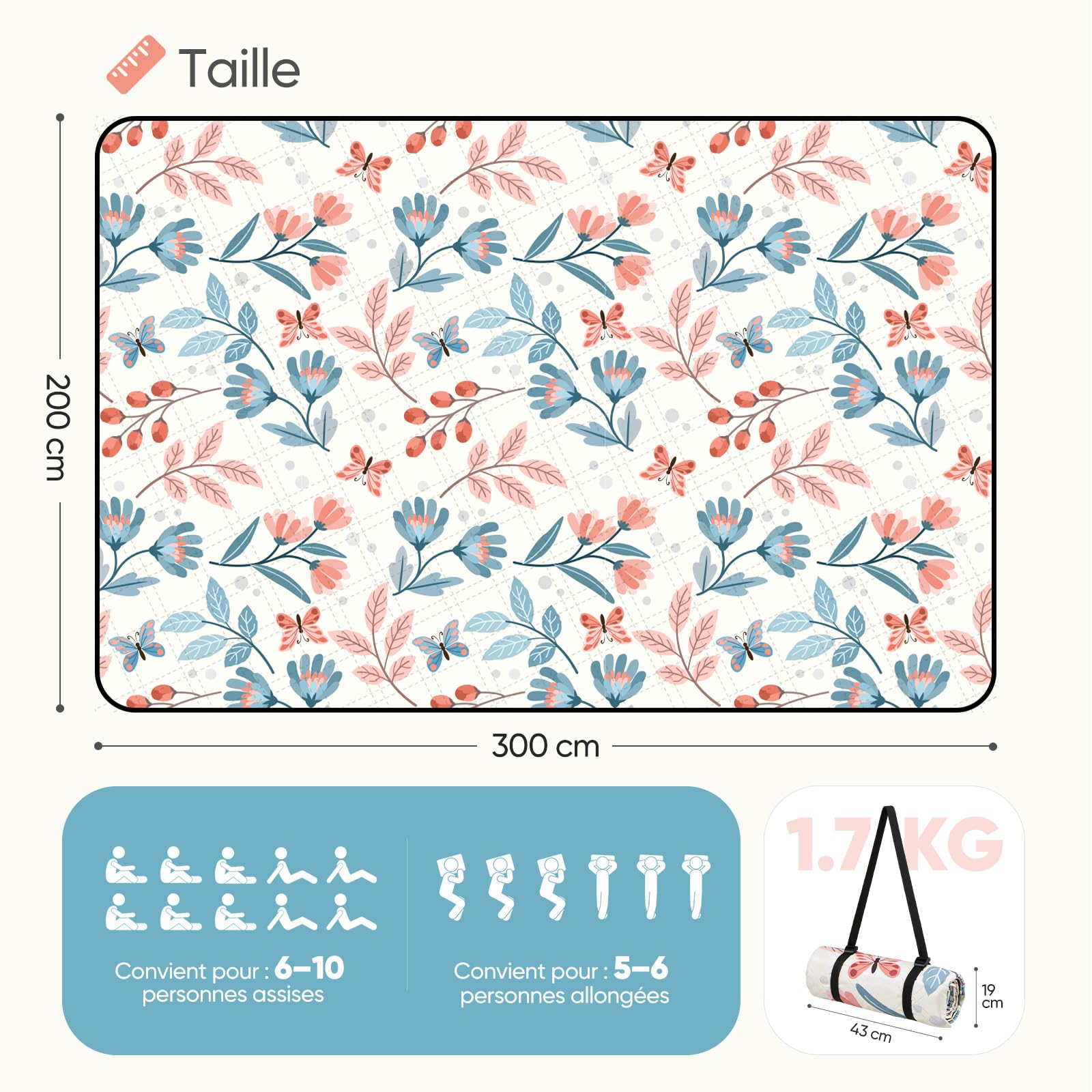 Sekey Couverture de Pique-Nique Grande 200x300 cm Tapis de Pique-Nique Imperméable Antisable Rembourrée Trois Couches Fond PEVA Ceinture de Portage pour Pique-Nique, Camping, Plage