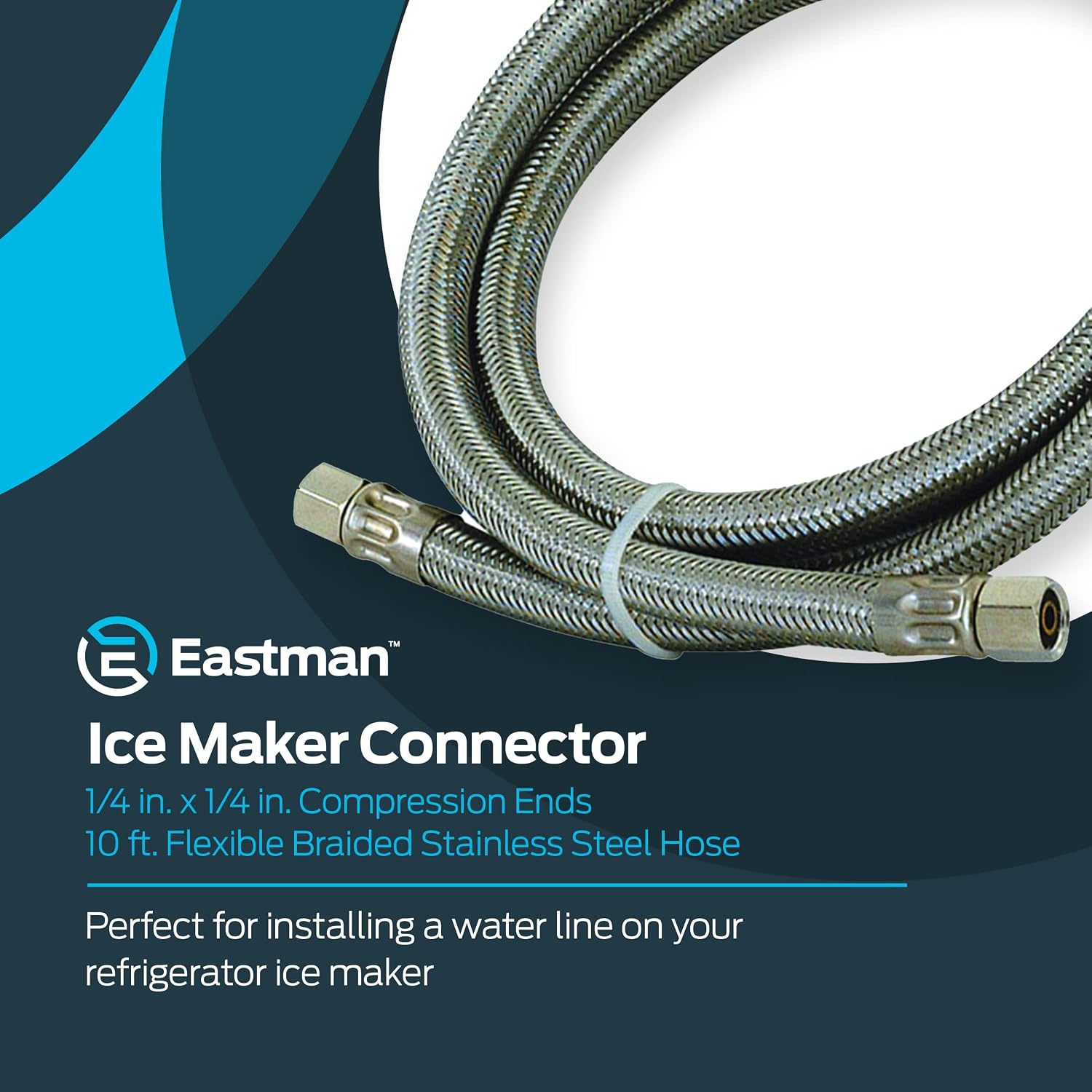 Eastman Ice Maker Connector, 1/4 Compression, 10 ft Flexible Braided Stainless Steel Hose, 48389