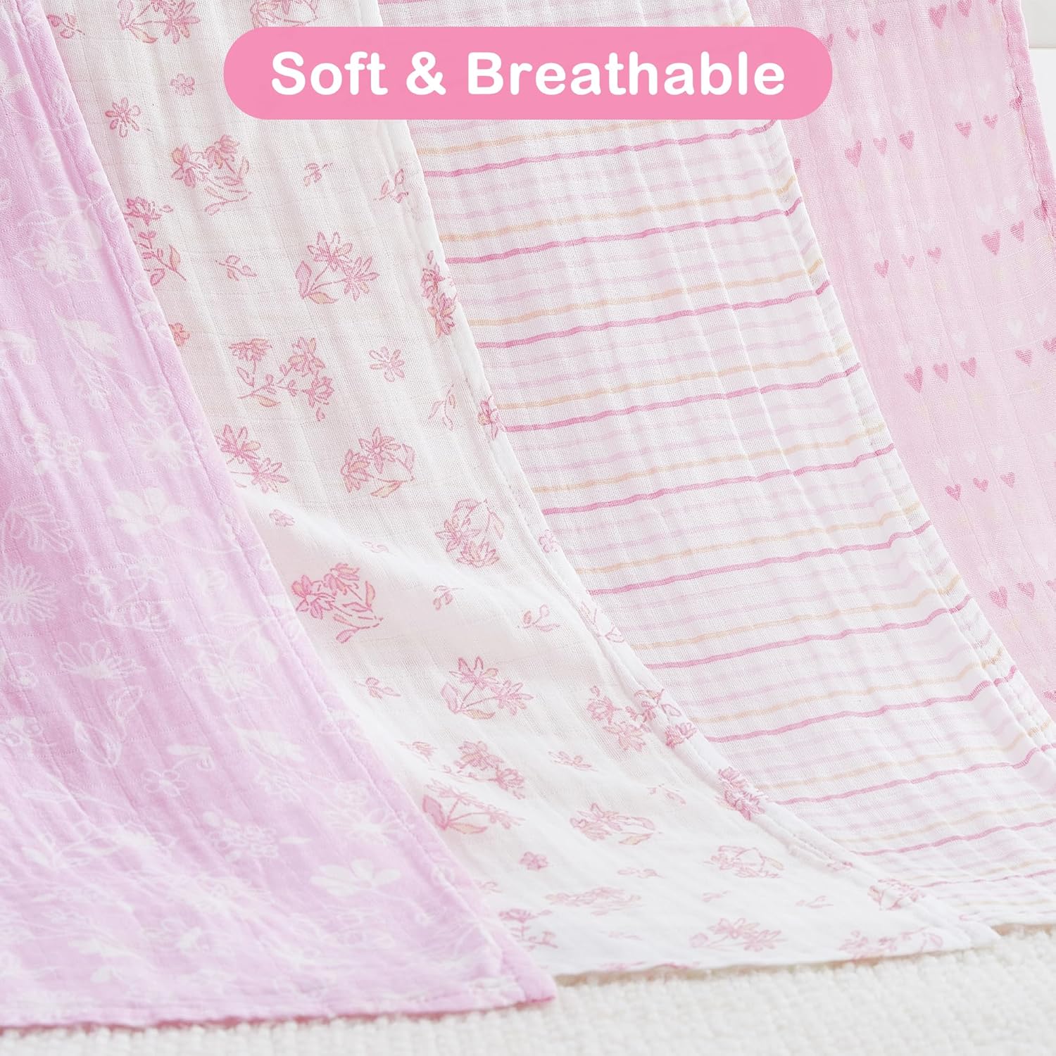 Viviland Muslin Swaddle Blankets, Swaddle Wrap for Boys and Girls, Breathable and Skin-Friendly Baby Receiving Blankets, Baby Essentials, 4-Pack Flowers & Heart, 47 x 47 inches - Image 9
